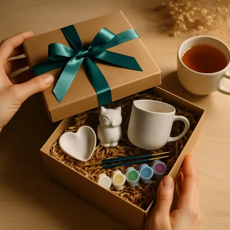 KI-generiert: MysteryBox mit Keramik-Rohlingen und Farben vom BeAwi KreativCafé Erfurt
